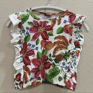 Farm Rio Wommens Vintage Floral Ruffle Sleeve Cropped Blouse Sz P Beach Vacay